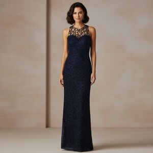 Vintage Scala Beaded Evening Gown Navy Blue Sequin Formal Art Deco Maxi Size M